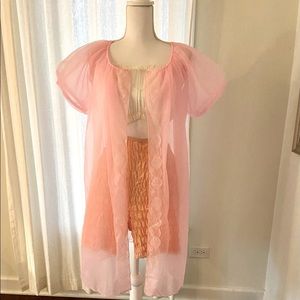 Vintage 1960s Pink Chiffon and Lace Dressing Robe
